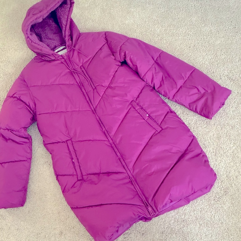 A New Day Magenta Hooded Mid Length Matte Puffer Long Jacket Coat Winter Medium